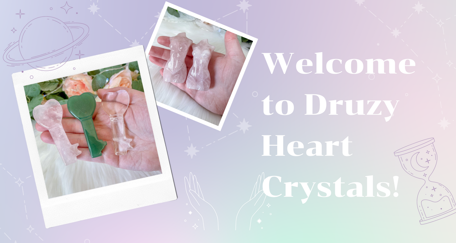 Welcome to Druzy Heart Crystals! Photo of Rose Quartz bodies and crystal keys.